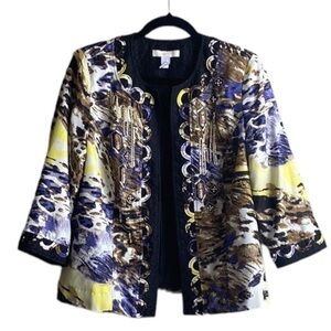 CHICO’S Printed Artisan Blazer Jacket Sequins Beads Appliqué Open Front Size M